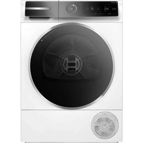 Uscator de rufe Bosch Seria 8 WQB246CNBY, Pompa de caldura, 9 Kg, 14 programe, AutoDry, Iron Assist, Condensator cu autocuratare, Touch control, EcoSilence Drive, SmartDry, Home Connect, Iluminare interioara, Clasa B, Alb